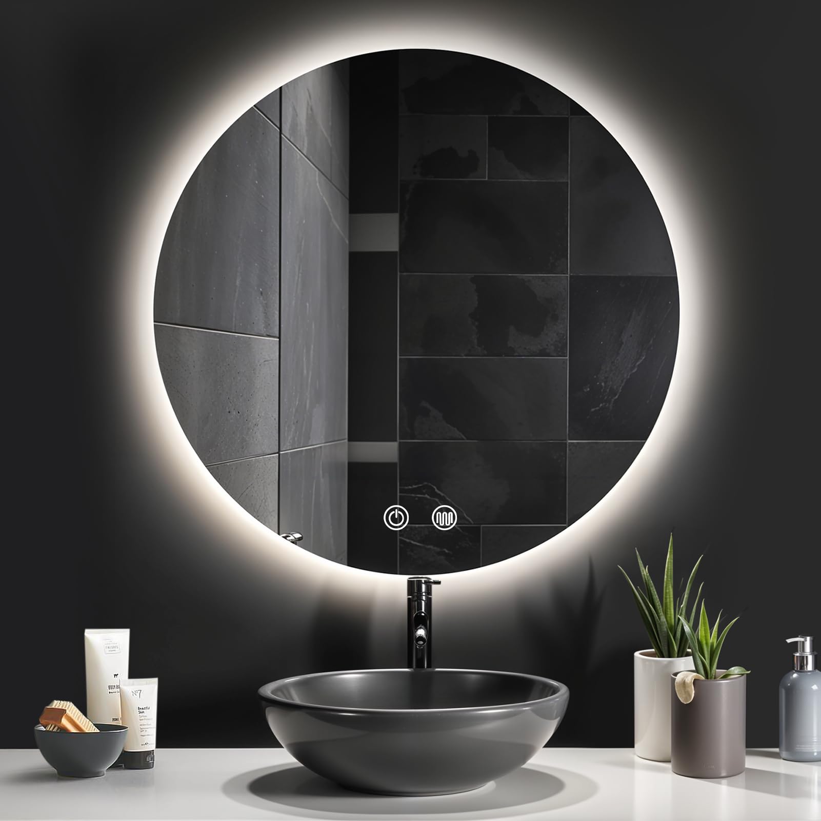 Warmiehomy 600mm Round Bathroom Mirror with LED Lights,3-Colour Lighting