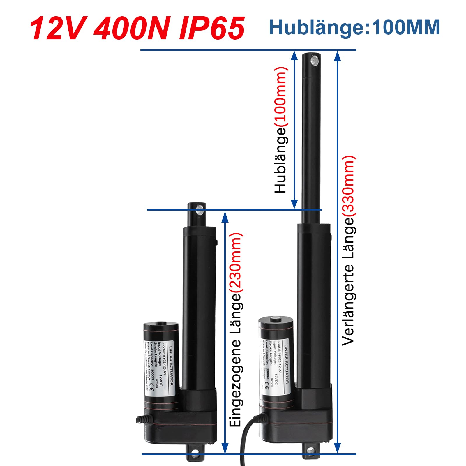 Hochgeschwindigkeits-Linearantrieb 12V 400N IP65 100mm 34mm/s mit Montagehalterungen