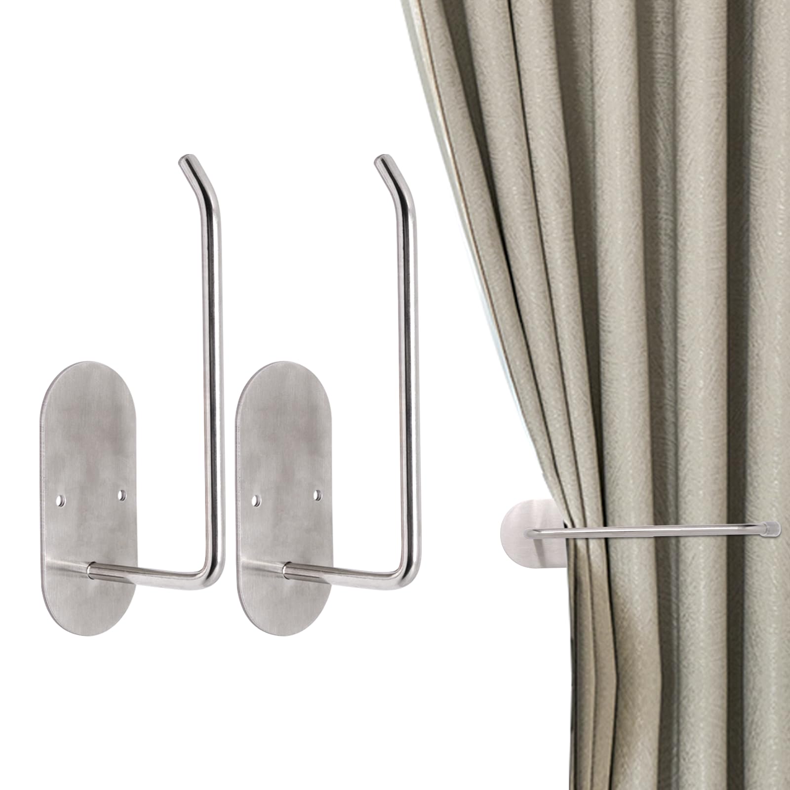 BENLIUDH Adhesive Curtain Tiebacks, 2pcs Curtain Holdbacks No Drill Curtain Hooks with Screws and Adhesive Backing (Brushed)