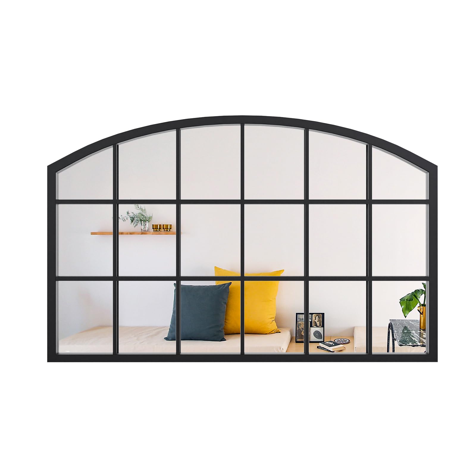arched window mirror, matte black window pane mirror, grid metal frame arch mirrors, windowpane wall decorative mirrors for living room, entryway, 44" x 28"