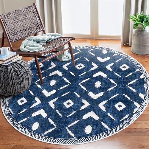 KILOCOCO Round Area Rug 5ft Rug for Living Room Bedroom Machine Washable Non Slip Printed Boho Low-Pile Soft Rubber Backed Circle Rugs for Kitchen Dining Geometric Moroccan Carpet, Blue