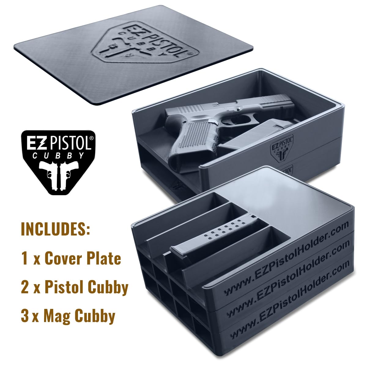 2 x EZ Pistol Cubby Box, 3 x EZ Magazine Cubby Box and 1 Plate Cover Bundle