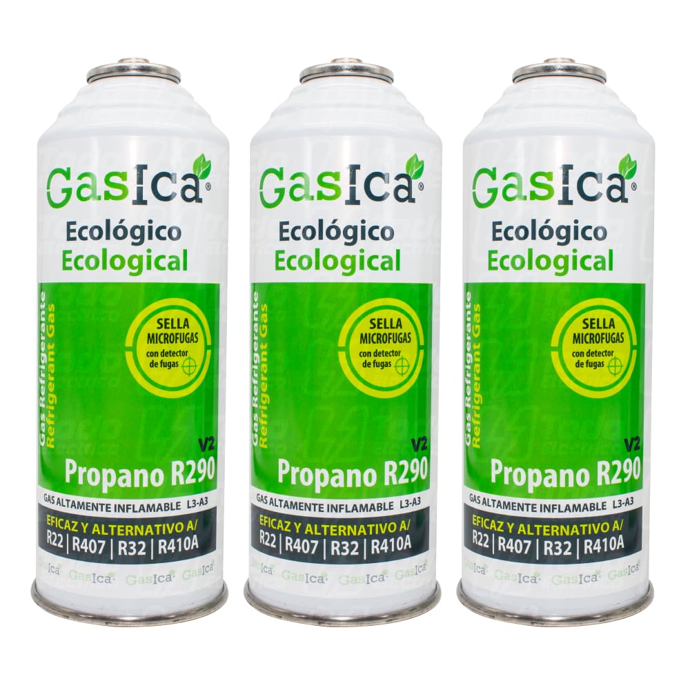 Pack 3 Bombonas Gasica V2 Gas Refrigerante Ecológico Orgánico sustituto R22, R407, R32, R410A y R290 para Recarga Aire Acondicionado tipo Split