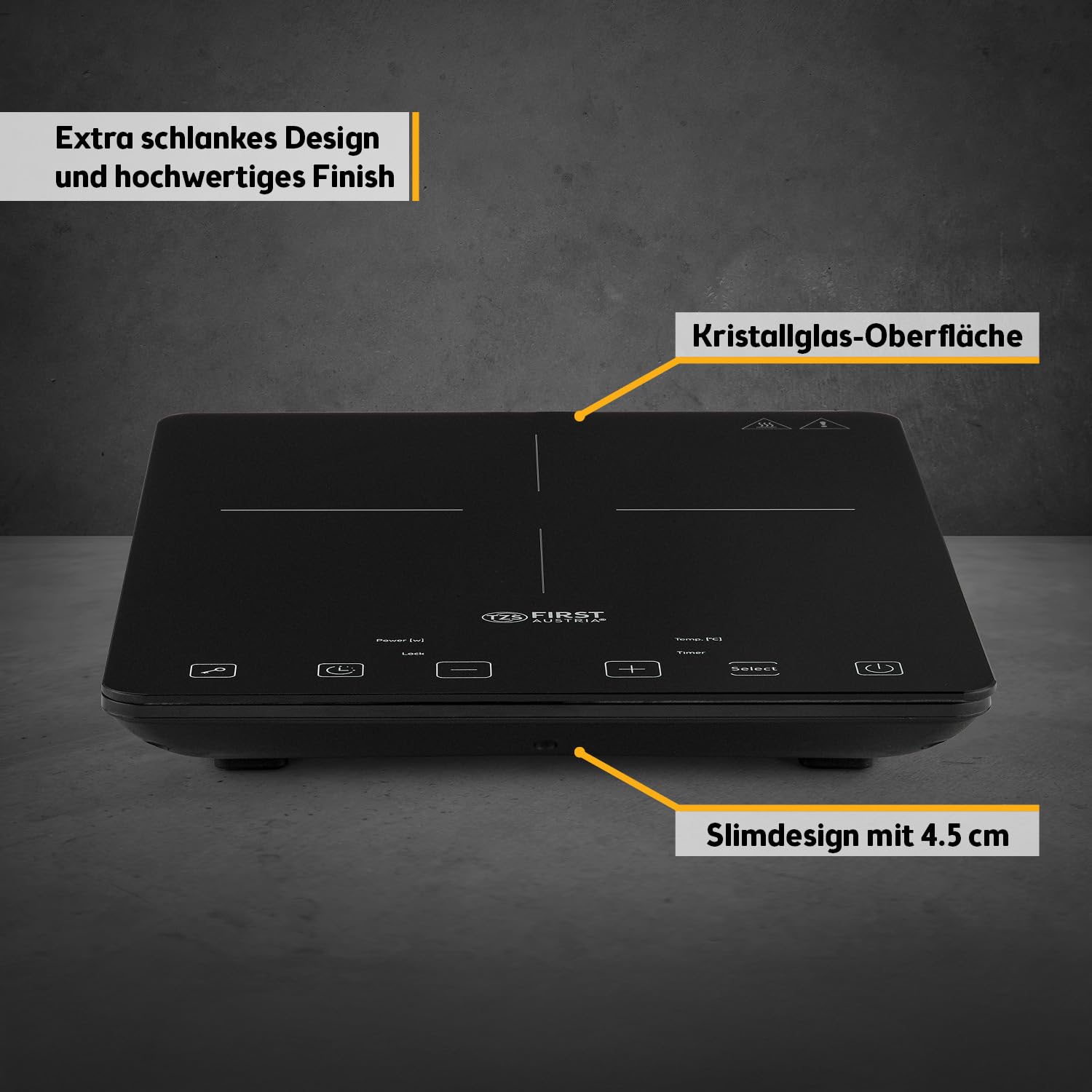 TZS First Austria Induktionskochplatte 2000W – Ultraschlankes Slim-Design & Kristallglas – Digitales Kochfeld mit Touch-Sensor, 10 Stufen & Timer – Ø 260 mm – Ideal für Camping, Garten & Büro