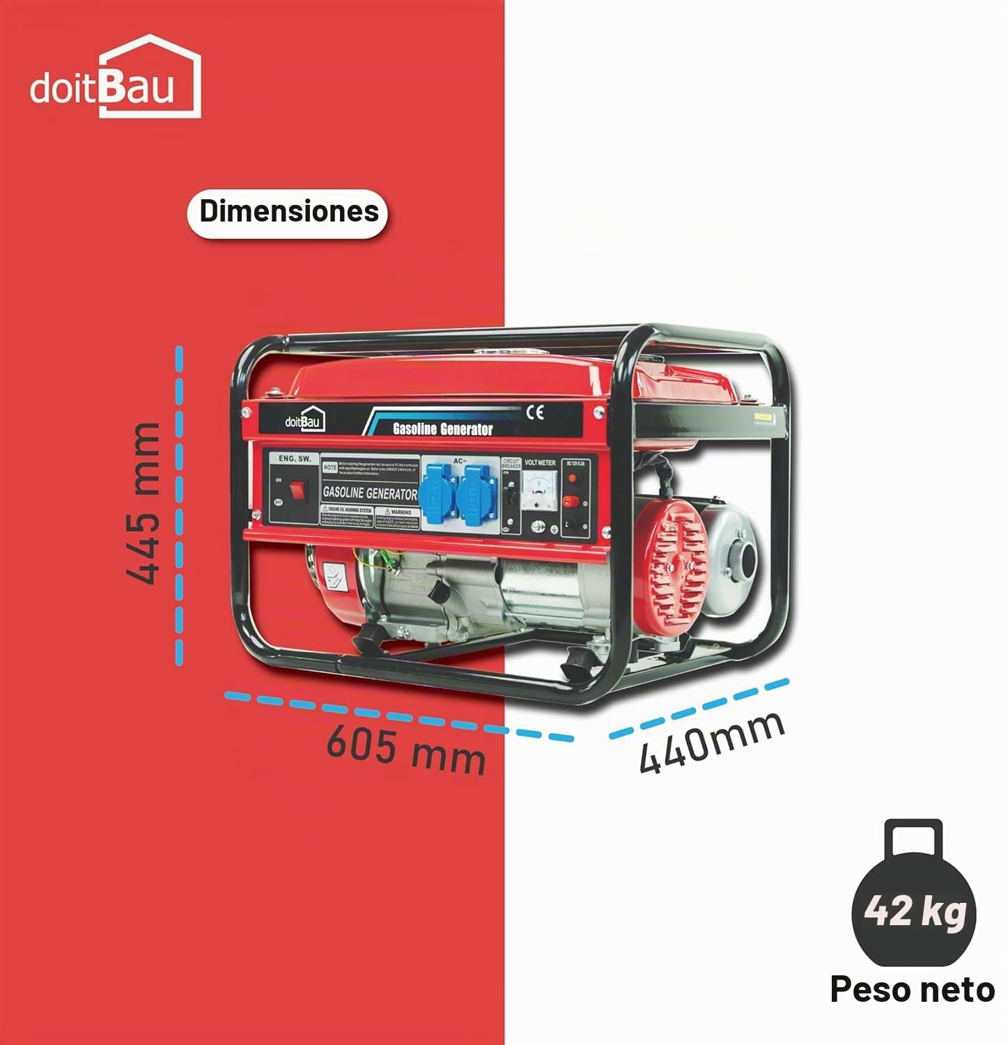 Generador de energía con gasolina, generador de energía con accesorios, generador de corriente de emergencia silencioso, (2 enchufes (3000W BS3500)))
