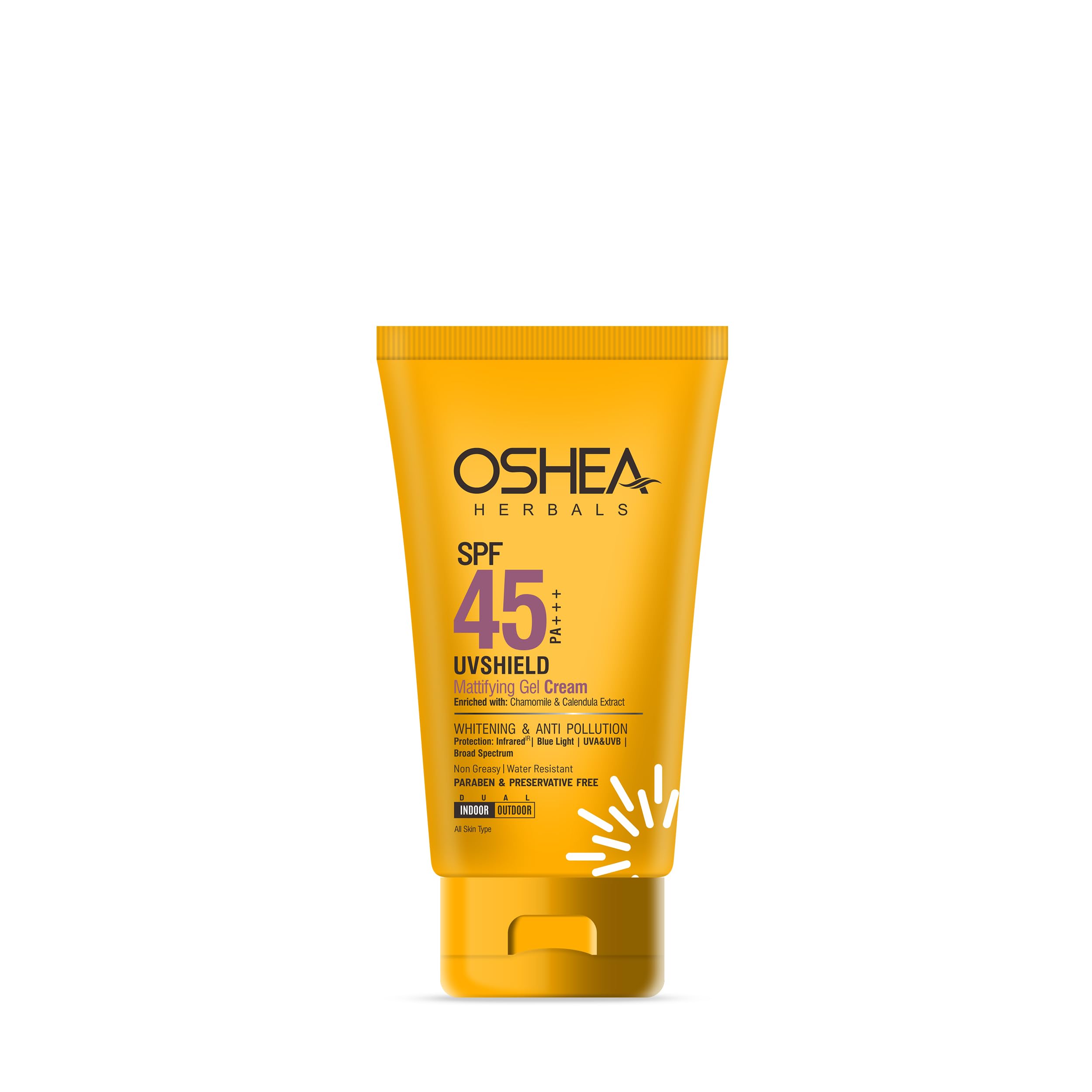 Oshea Herbals UVShield Mattifying Gel Sunscreen Cream SPF 45 PA +++ for All Skin Types | Non Greasy & Water Resistant | Blue Light, UVA & UVB Protection | Enriched with Chamomile Extract 120g