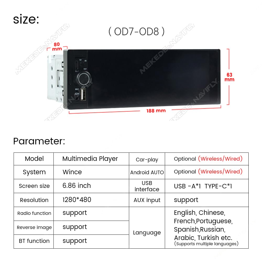 6.86 Inch 1Din Carplay Auto Car Radio Multimedia Video MP5 Player With BT FM USB Type-C Autoradio(OD8 wireless CP AA)