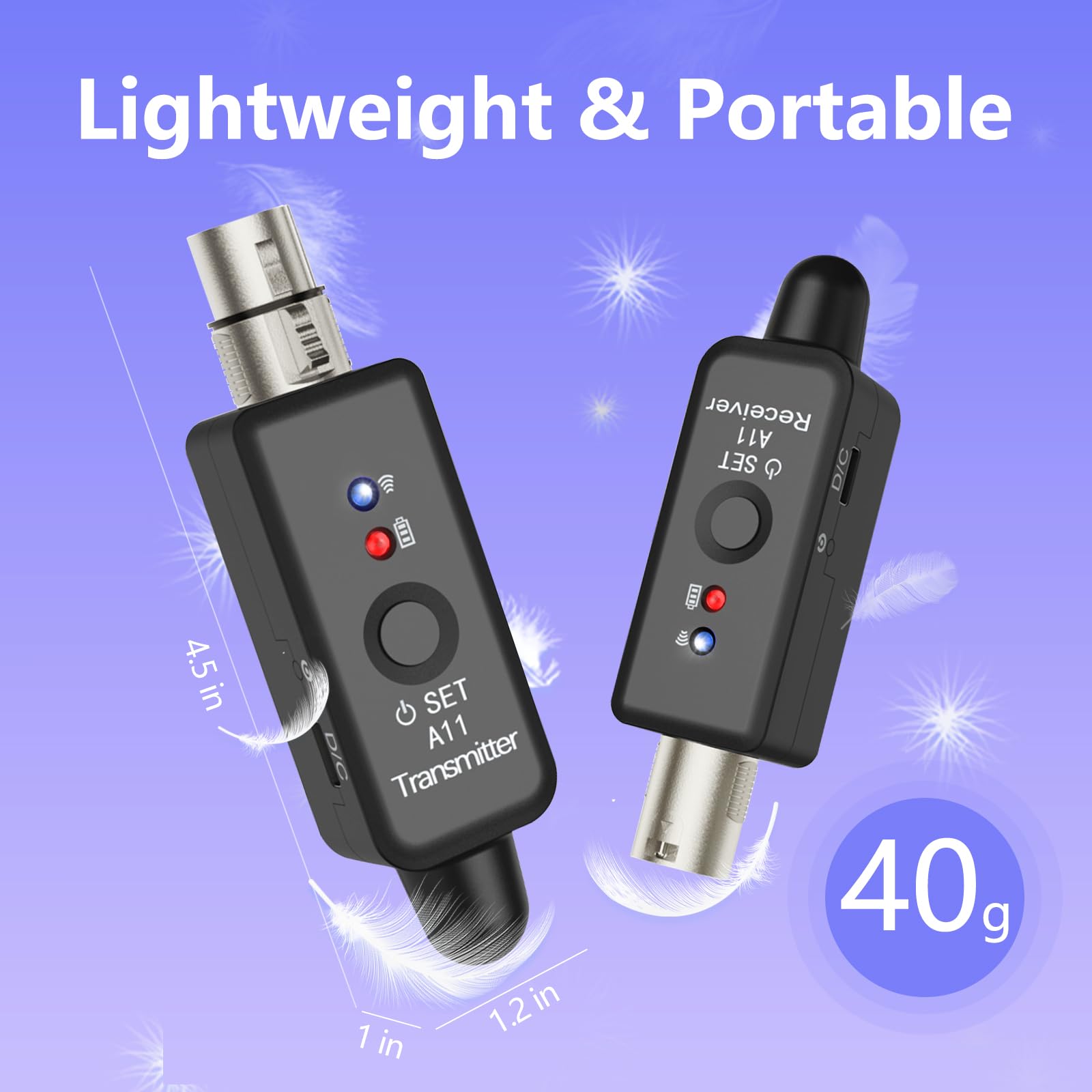 A11 2,4GHz Drahtloses Mikrofon-System – Transmitter & Receiver mit 4 Kanälen, Plug-on XLR-Adapter, geeignet für dynamische/Kondensatormikrofone, Audiomixer (1TX + 1RX)