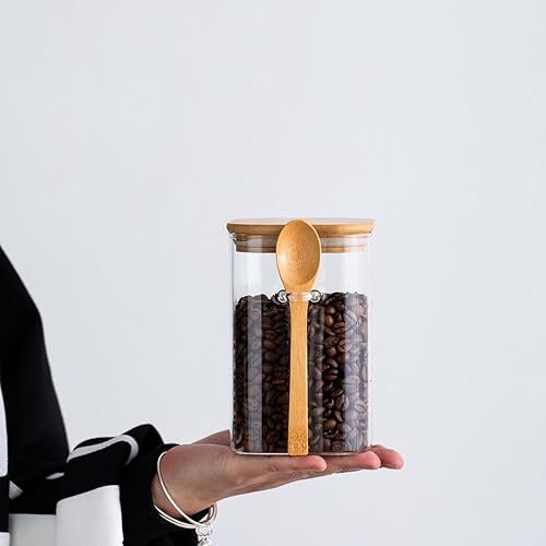 Miniatura 5 de VISIBLE Recipiente de almacenamiento de vidrio sellado Airlock con tapa hermética de bambú y cuchara, perfecto para alimentos, 40 onzas líquidas