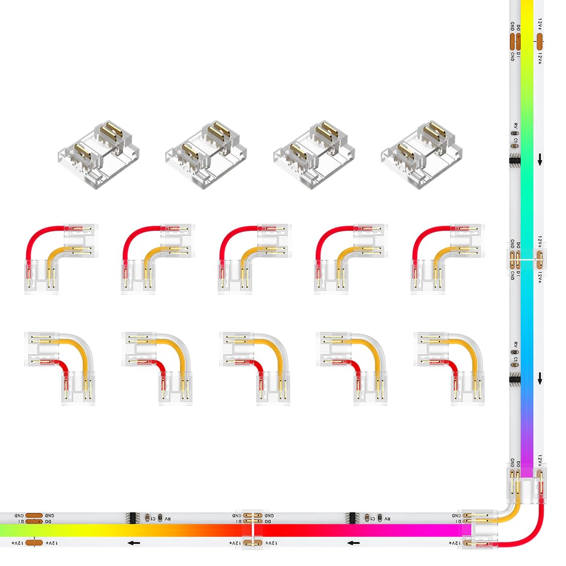 BTF-LIGHTING FCOB COB 3pin 10mm Solderless Connector Kit 4pcs Strip to Strip 5 Pairs L-Shaped/Corner Connector for 3Pin SPI COB WS2811 IC RGB 630LED/m and WS2814 IC RGBW 784LED/m LED Light