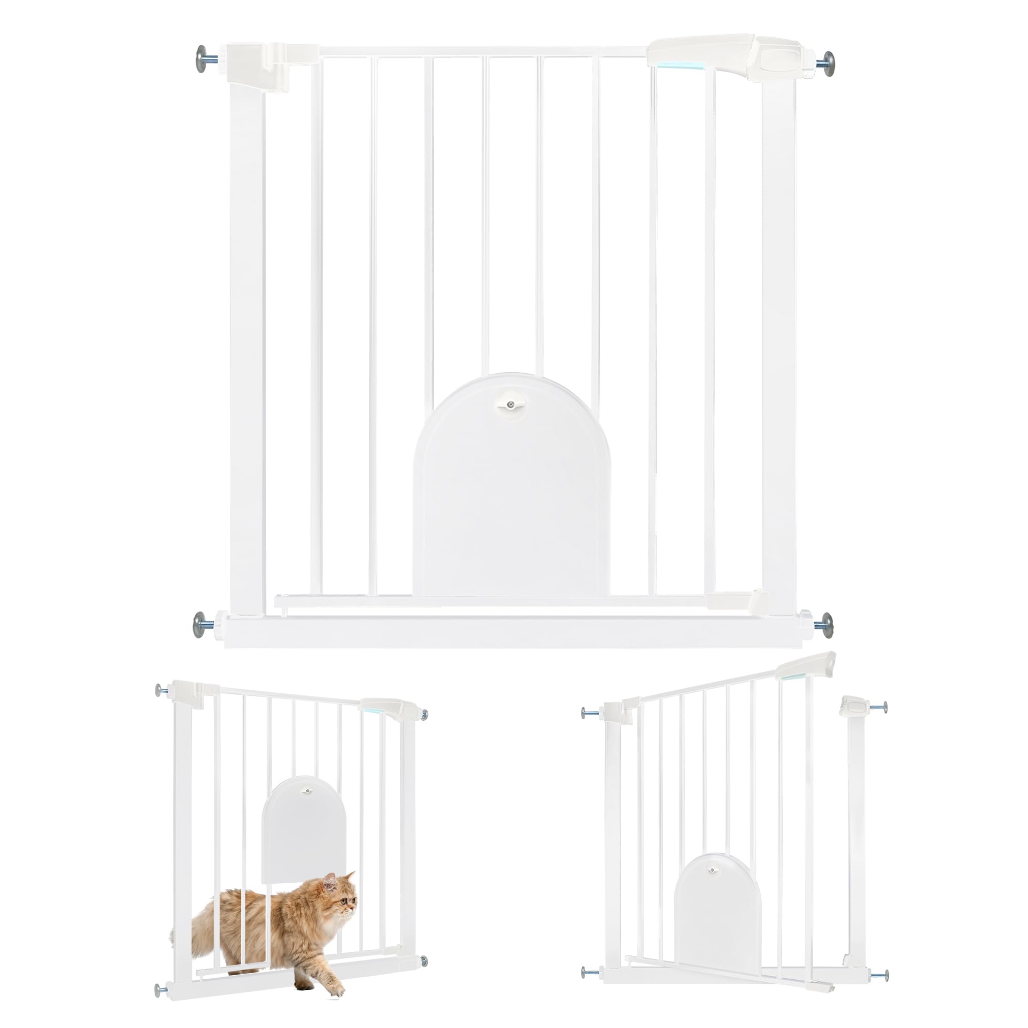 UISEBRT Treppenschutzgitter Türschutzgitter Ohne Bohren Treppengitter mit Katzentür Haustiertür, für Breiten 75-85 cm, Selbstschließend, Einhändiges Öffnen Metall Gitter, Weiß