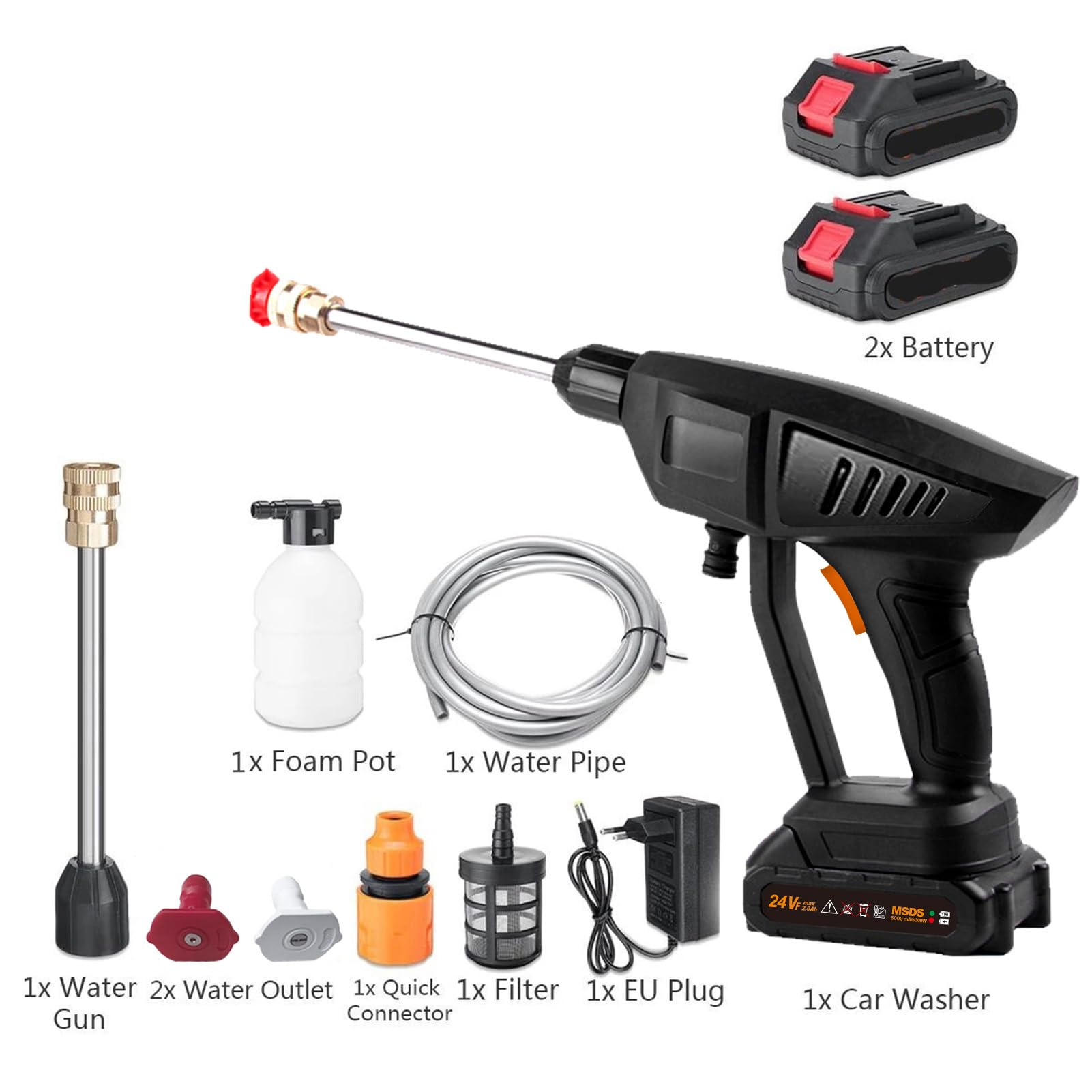 Limpiador de alta presión con batería de 12 V, con 2 baterías de iones de litio de 6000 mAh, manguera de 5 m y accesorios, limpiador de alta presión portátil