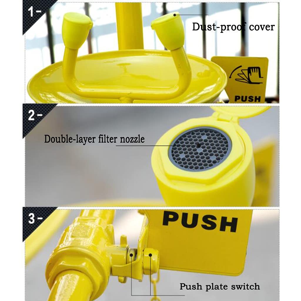 Estación lavaojos de Emergencia montada sobre Pedestal, de Acero Inoxidable 304, con Gran Recipiente para Lavado de Ojos, Ideal para Laboratorios y fábricas de Productos químicos.
