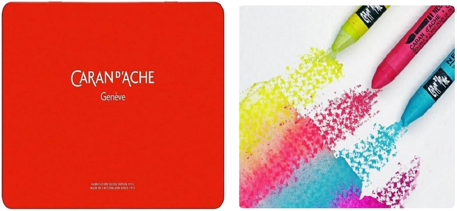 Caran d'Ache Neocolor II, Pasteles de cera acuarelables, Lápices de cera Aquarellables - Juego de 10 y 1 pinceles