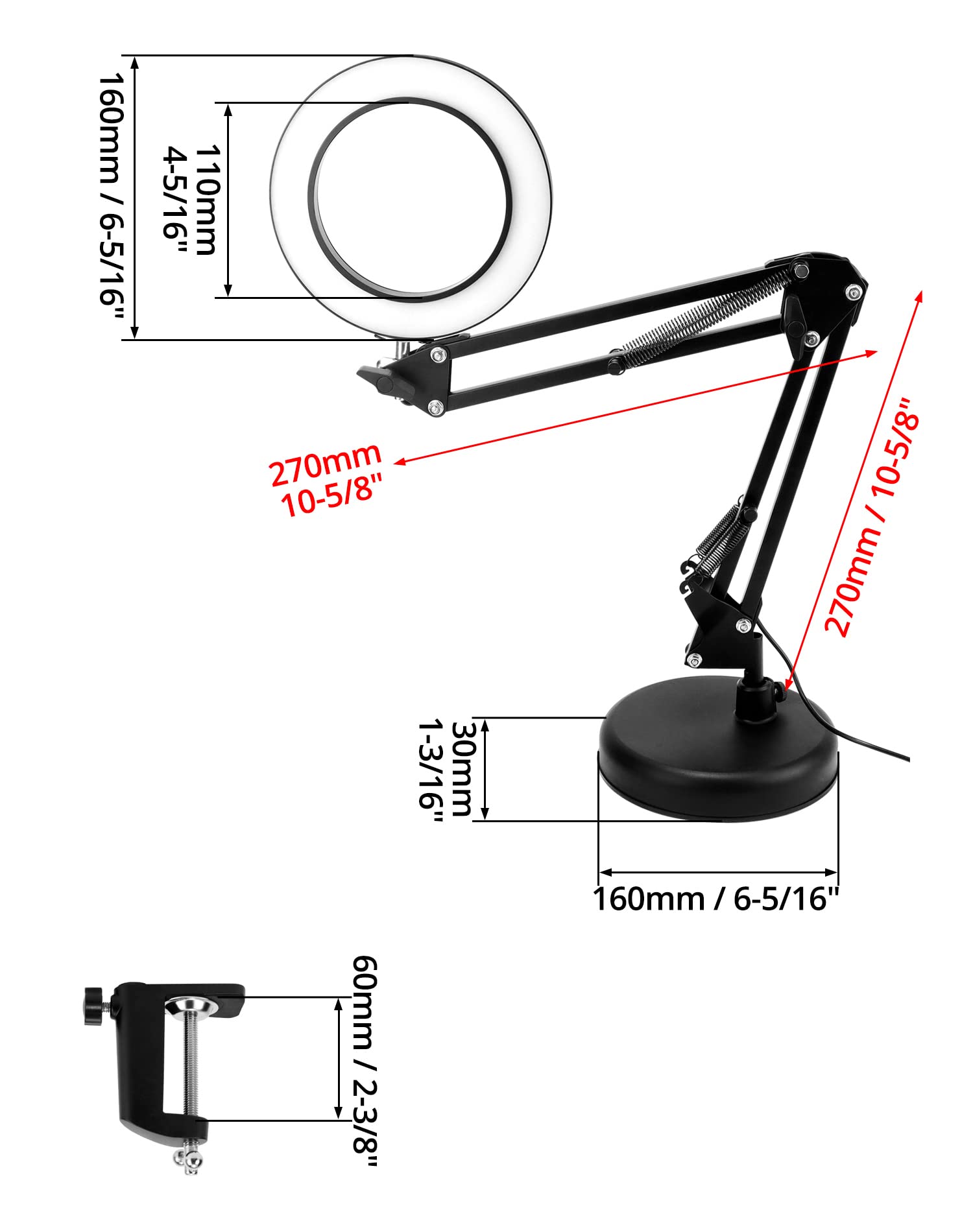QWORK® LED de Lupa con Abrazadera y Base, lámparas de Aumento 10X, 3 Modos de Color y 10 Brillos Regulables, lámpara de Brazo Giratorio Ajustable, Negro