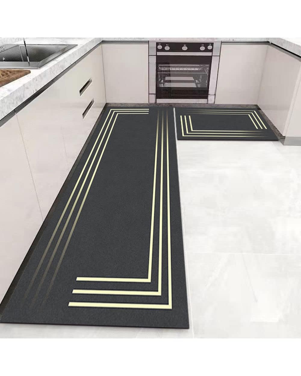 HomeCloud Rubber Rectangular Kitchen Mats for Floor Set of 2 Pcs | Non-Skid, Soft Absorbent Rugs for Kitchen, Laundry, and Hallway | 120x40cm, 40x60cm| 4mm Thickness (Gold_Linning_Black) 4