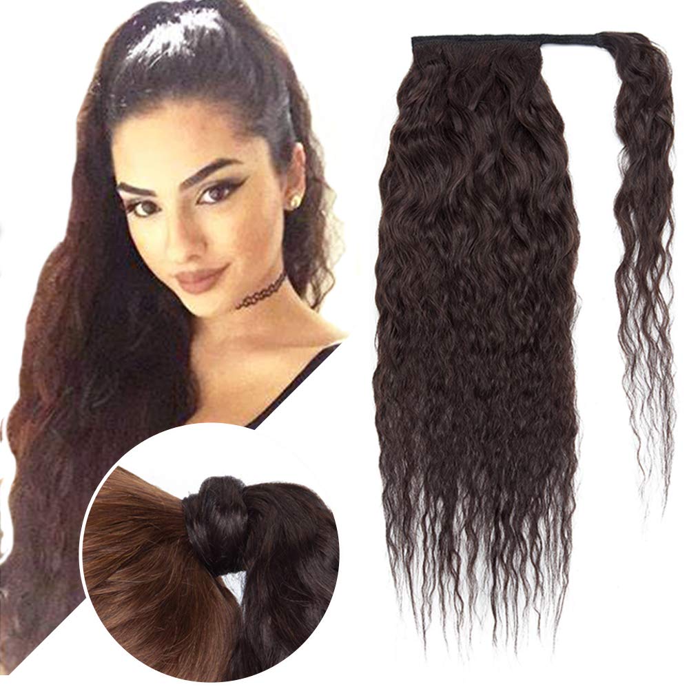 Curly Ponytail Extensions Corn Wave Pony Tails Wavy Ponytails Hair Piece With Magic Paste Fluffy Brazilian Virgin Black Ponytail Hair Clip In Pony Hair For Black Women 20" #1B Natural Black