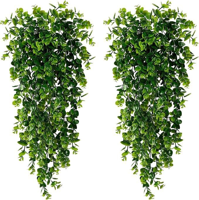 DWIND 2Pcs Artificial Hanging Flowers Eucalyptus UV Resistant Fake Hanging Plants Violet Vines for Wall Home Room Garden Wedding Indoor Outdoor Spring Summer Decoration(Green)