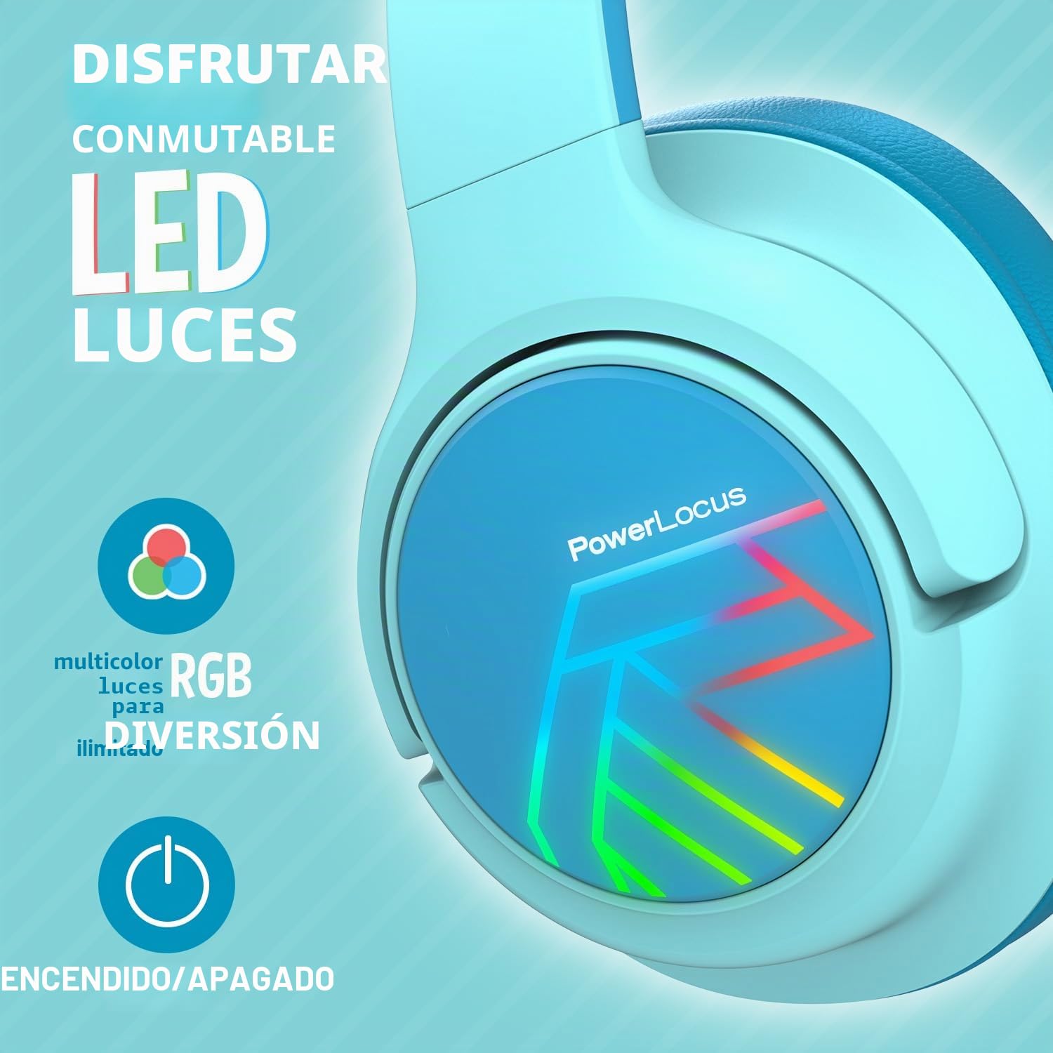PowerLocus Auriculares de Diadema para Niños, Cascos Bluetooth Inalámbricos, Límite de Volumen de 74/85/94dB, Luces LED de Colores, Micrófono, Plegable, Conecta 2 Auriculares al Dispositivo