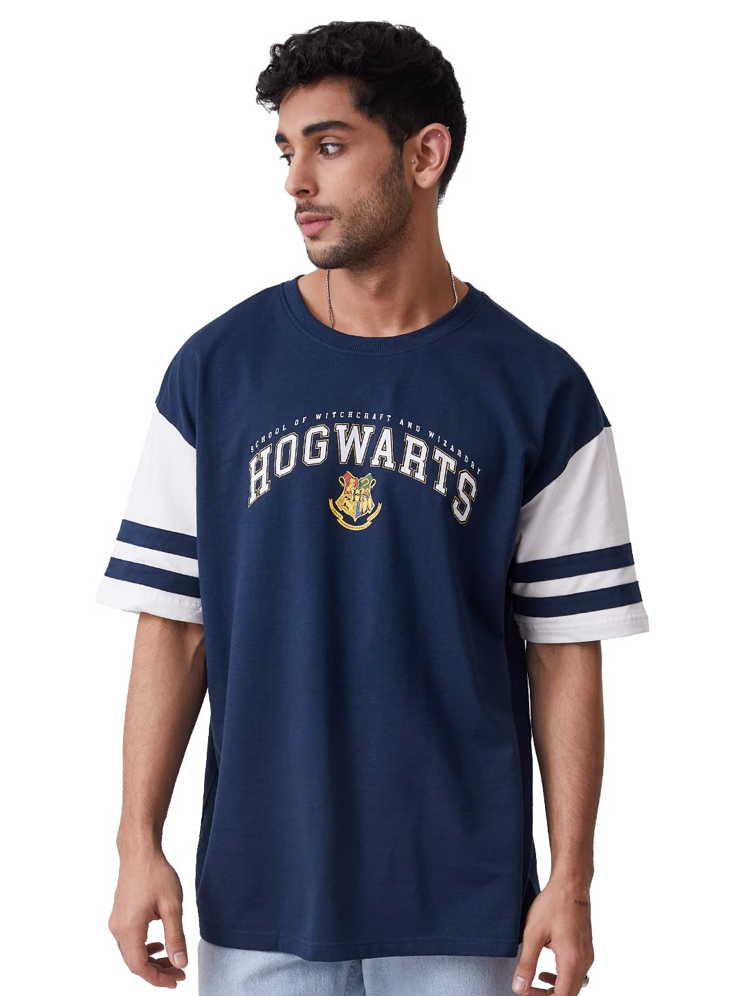 The Souled Store|Official Harry Potter: Nice Navy Mens and Boys T-Shirts|Half Sleeve|Loose fit Graphic Printed| 80% Cotton 20% Polyester Navy Blue and White Color Men Oversized T-Shirts