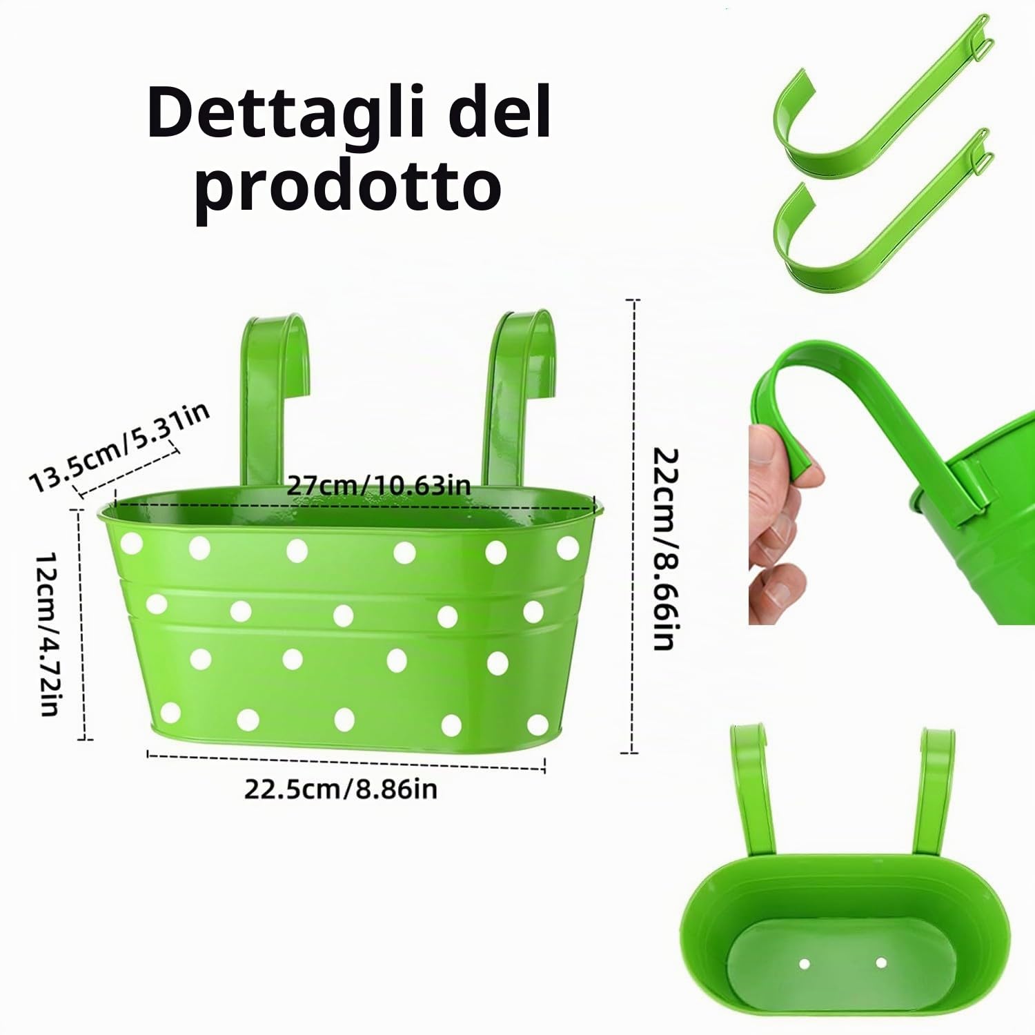 4 fioriere da appendere con ringhiera in metallo con foro di drenaggio, secchio da appendere per piante, con doppi ganci rimovibili, fioriera ovale per giardino, balcone, decorazione (verde)