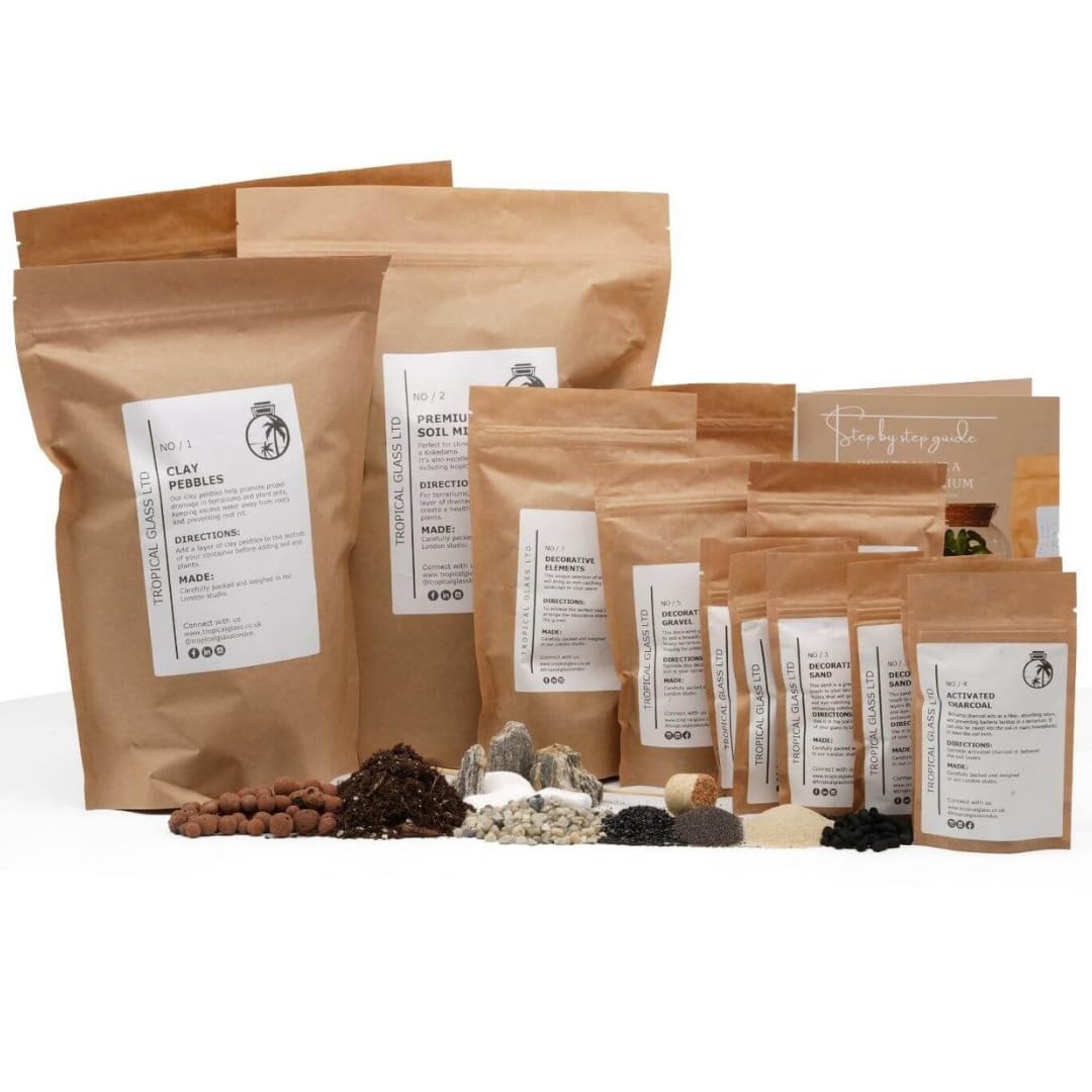 DIY Terrarium Starter Kit for Closed Terrariums (S,M,L,XL) - Complete Closed Terrarium Set Includes Soil, Drainage & Decorative Elements - Make Your Own Terrarium with step-by-step Guide (Extra Large)