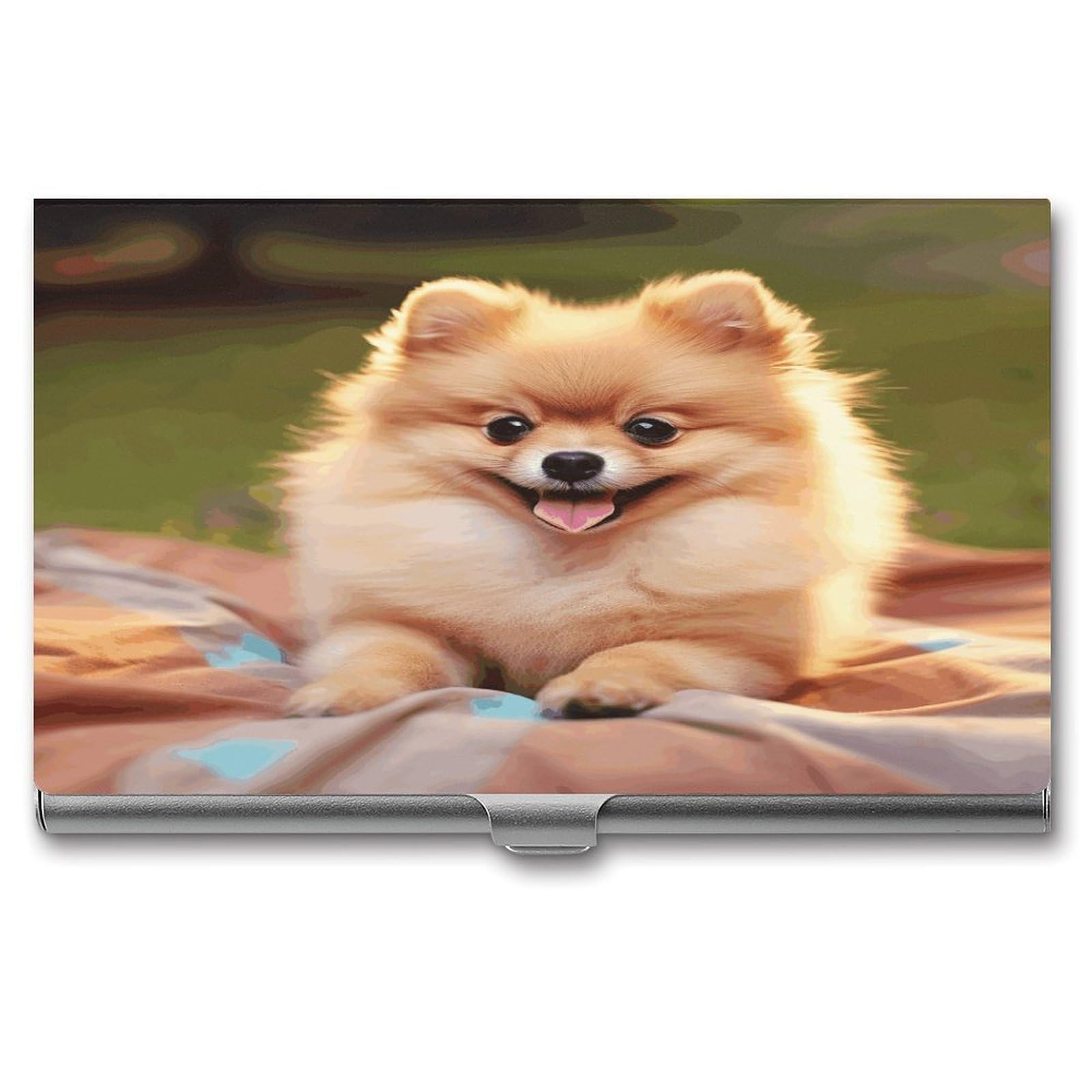 JTREHY Short-haired Pomeranian Business Card Holder Slim Purse Name Card Holder Portable Metal Business Card Case Wallet Large Capacity Lightweight Business Card Case for Men Women