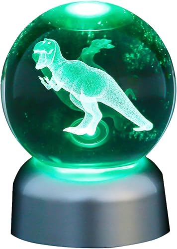 Bola de cristal de dinosaurio 3D con base de lámpara LED, Dercome 6 colores, bola de cristal grabada con láser con caja de regalo para niños, novia,