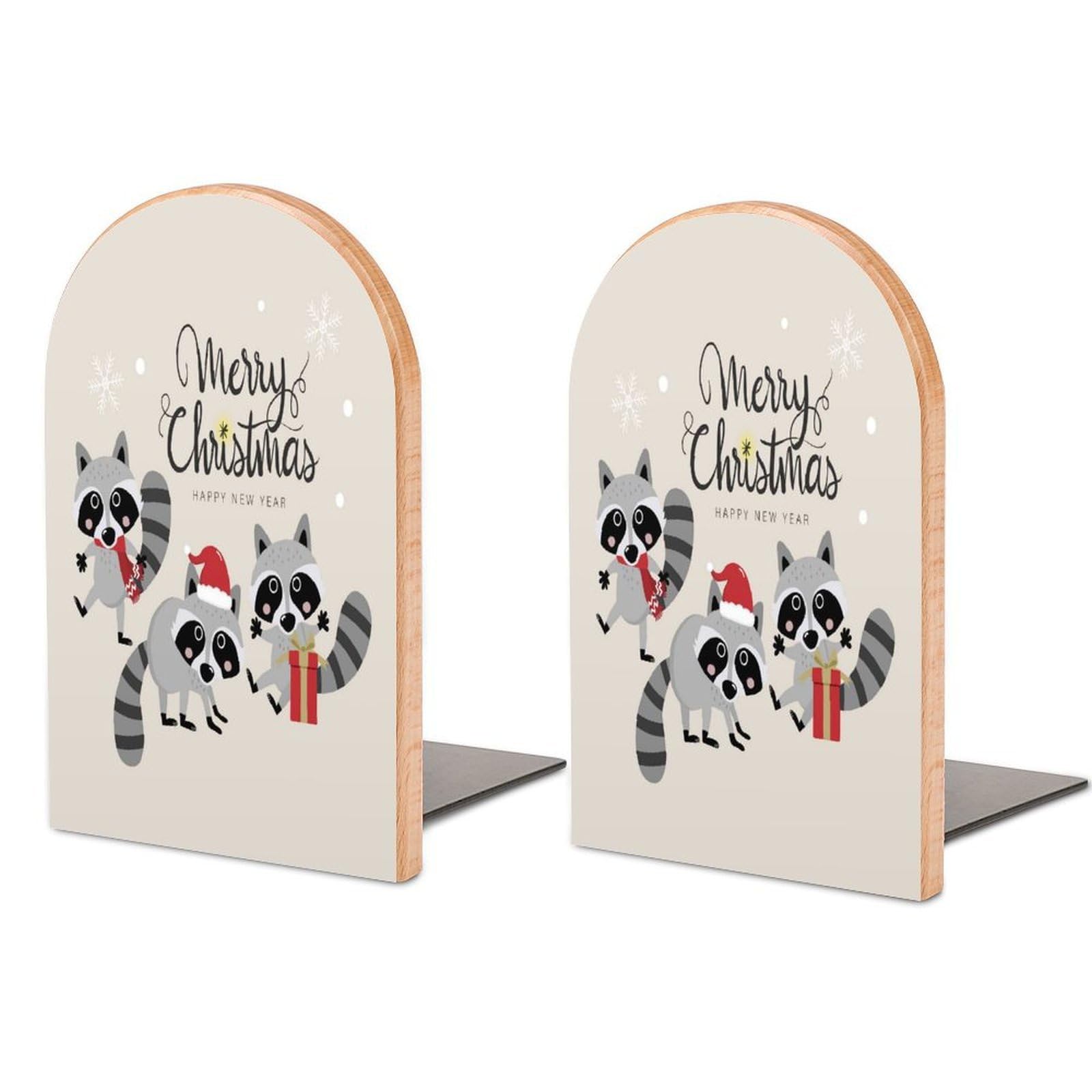 Merry Christmas Greeting Cute Raccoon Animals Wildlife Holidays Beech Wood Bookends Heavy Duty Book Organizers Desktop File Holder for Office Home Bookshelf