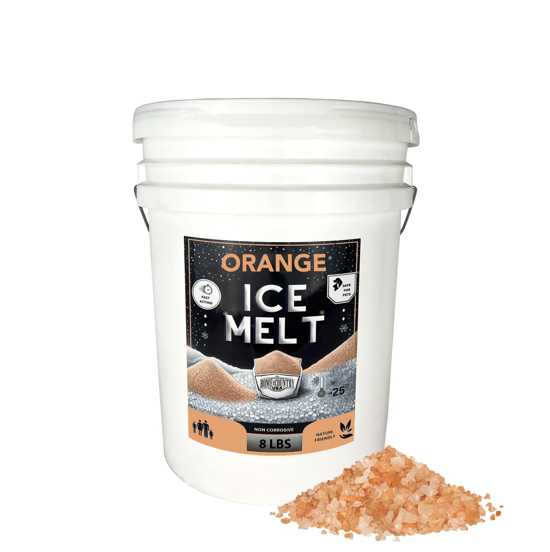 Orange Ice Melt Pail Effective to -25°F, Eco-Friendly De-Icer, Optimal Granule Size for Quick Melting, Ideal for Driveways, Walkways, and Entryways 8 lb Pail