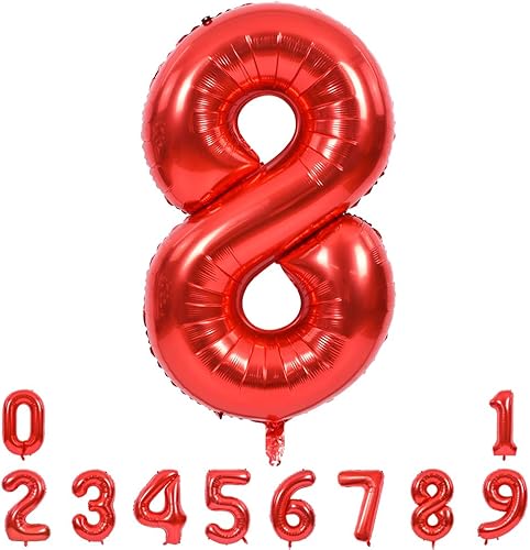 TONIFUL Globos rojos de números grandes de 40 pulgadas del 0 al 9, número 8 digital 8 de papel de aluminio de helio, globos de número grande para