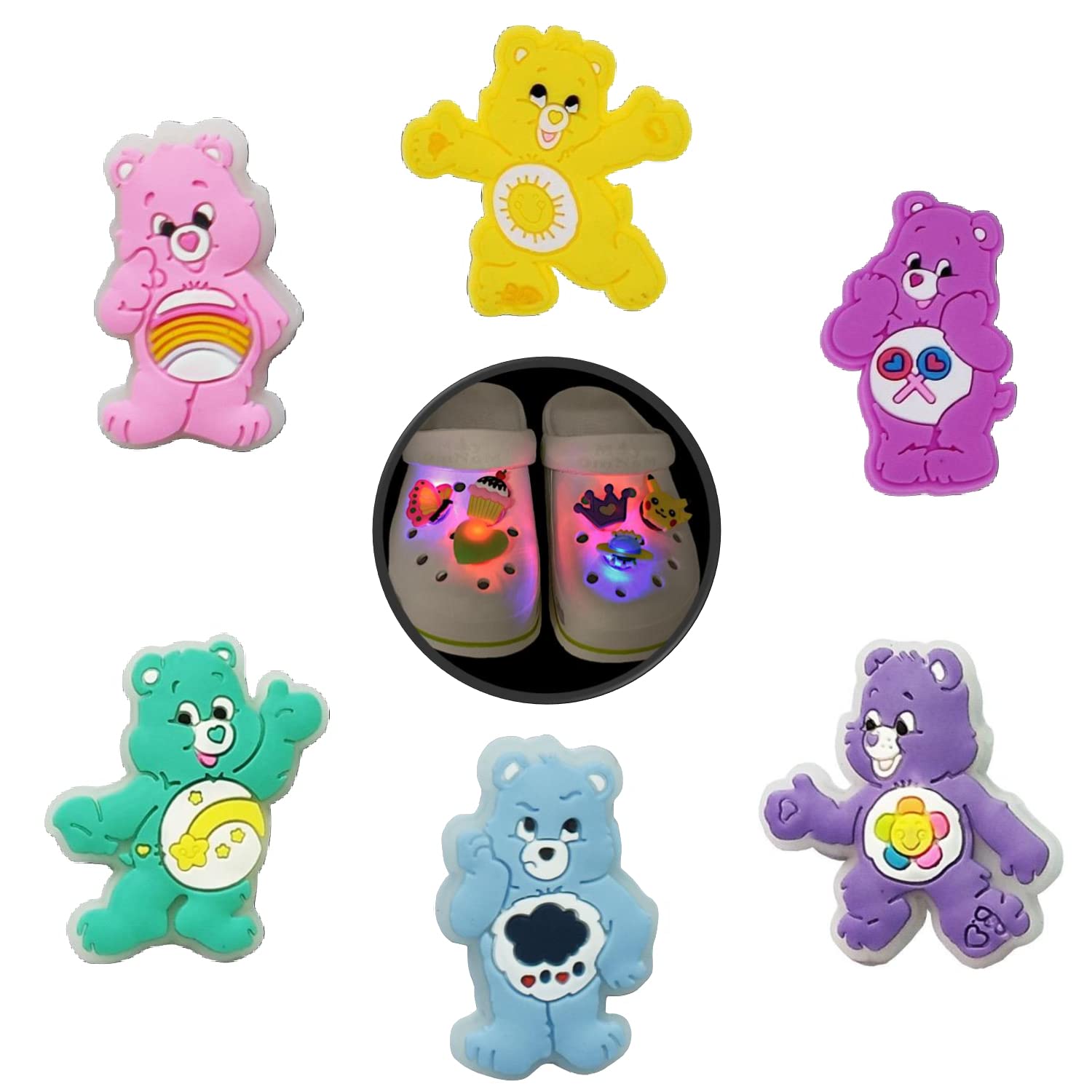 6 Blinking light Charms for Croc, Bracelet Wristband, Clogs Accessories, Pin, Illuminating, LED Glow in The Dark, chararacters, Icons, Girls Boys Party Gift Birthday Gifts (Care Bears)