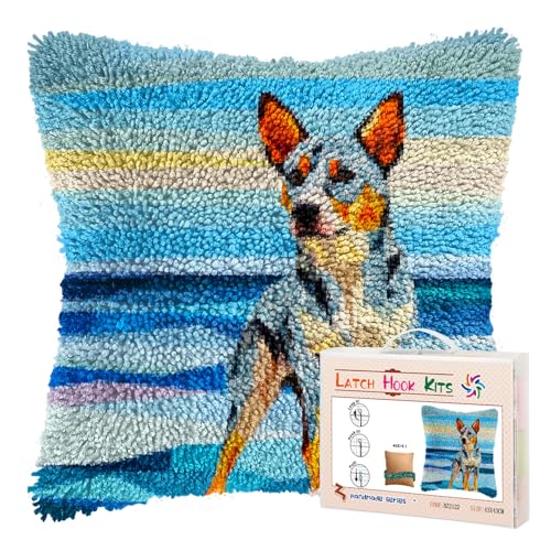 DIY Latch Hook Pillow Kits for Adults Australian Cattle Dog on Beach Printed Pillowcase Crochet Yarns Hooking Handmade Pillow Cover Cushion for Home Sofa Decoration 17x17inch(1)