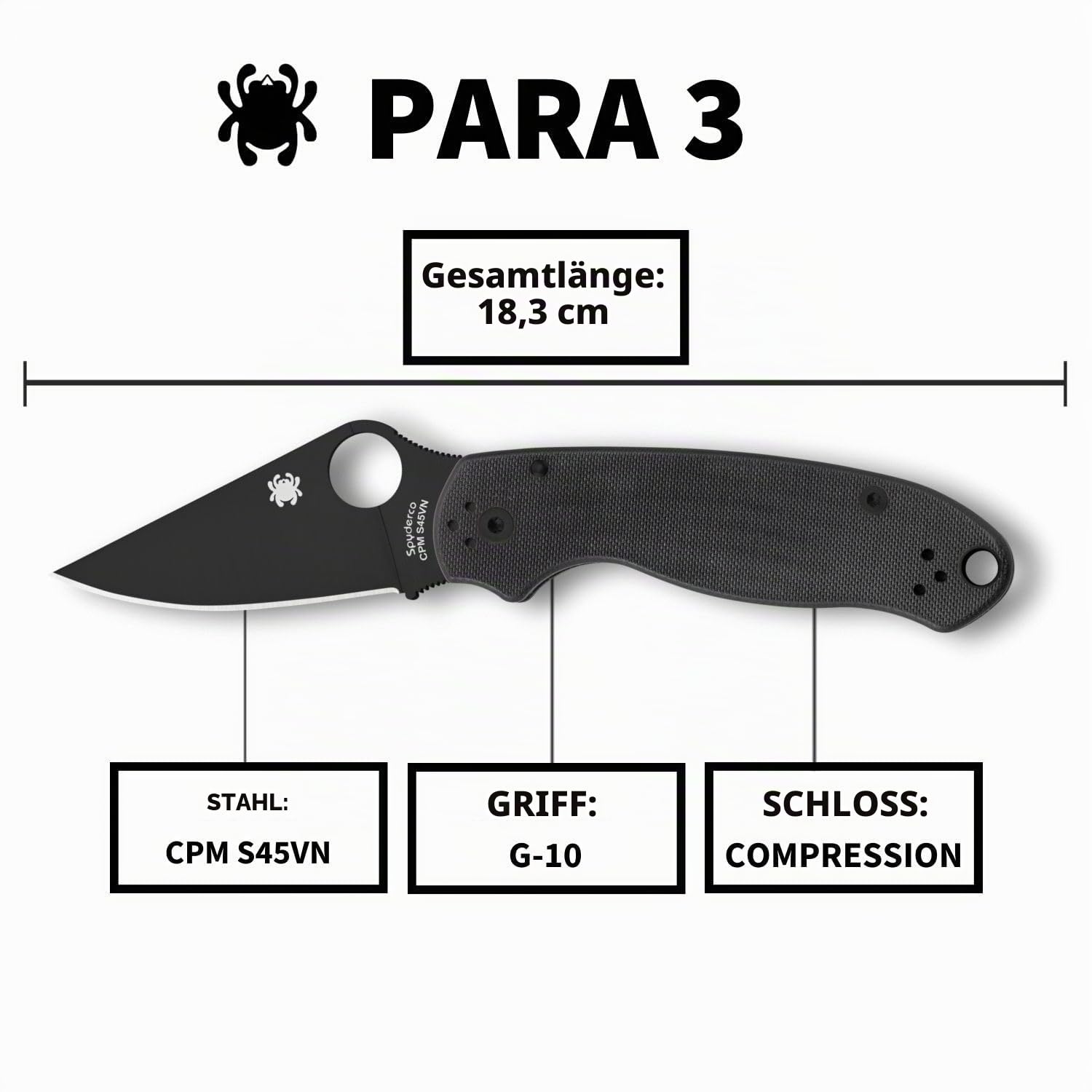 Spiderco para 3 Klappmesser Unisex Erwachsene, Schwarz | 18,3 cm Gesamtlänge, 7,44 cm CPM S45VN Stahlklinge, G-10 Griff, Kompression, vollflächiges Mahlen