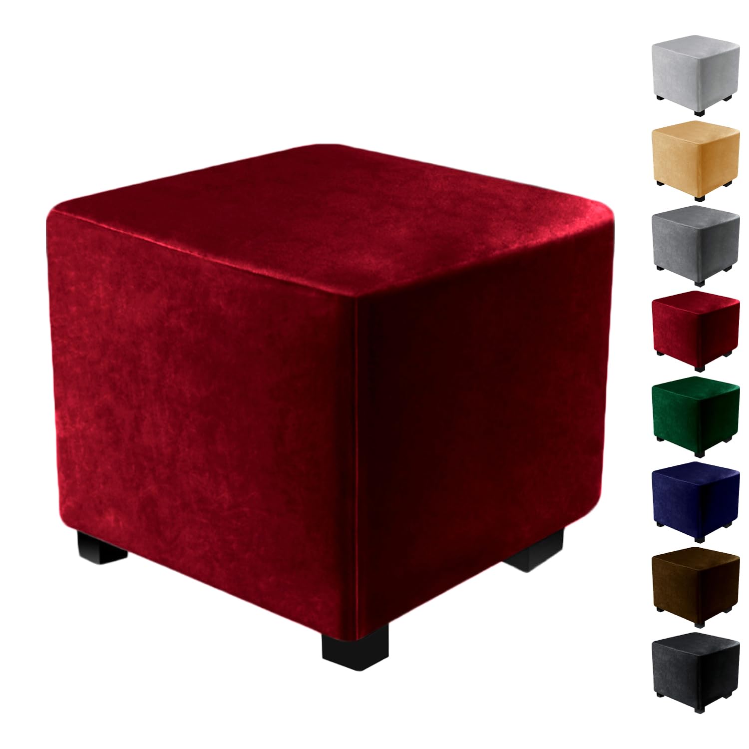 KCCRHIN Velvet Ottoman Covers Slipcovers Square 17X17/30X30/40X40 Inch Extra Large Stretch Storage Stool Ottoman Cover Footrest Foot Stool Cover Solid Color Furniture Protector,Red,M