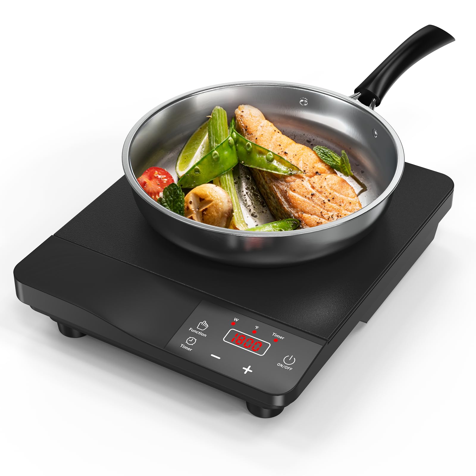 Portable Induction Cooktop 1800W,110V Single Burner Induction Burner & Fry Pan, Hot Plate Stove Electric Burner LED Touch Control & 4H Timer, 8 Power 8 Temperature Setting for Cooking