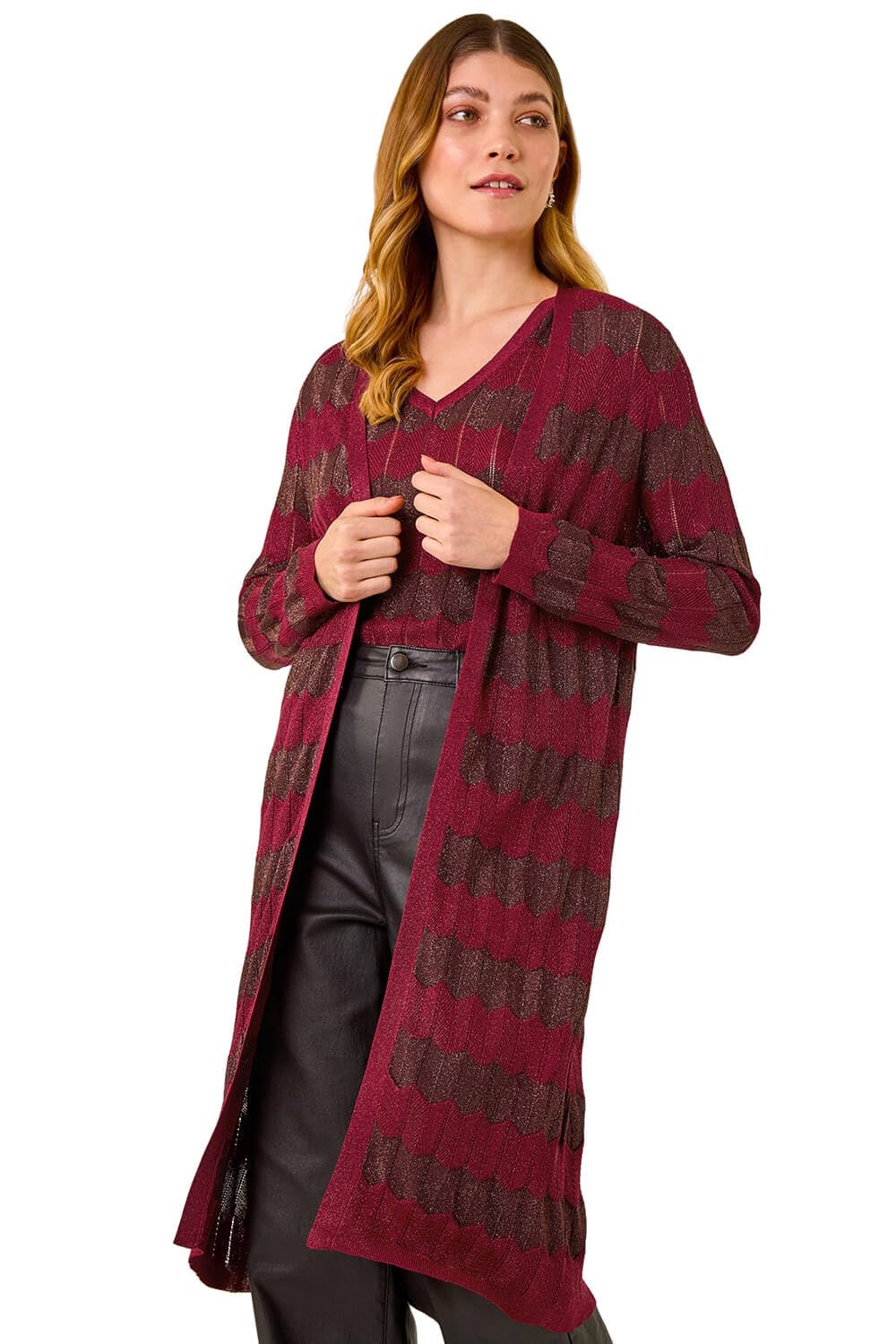 Roman Originals Women's Red Shimmer Stitch Longline Knit Cardigan For Uk - Everyday Autumn Winter Comfy Soft Evening Vacation Work Party Night Out - Size 14