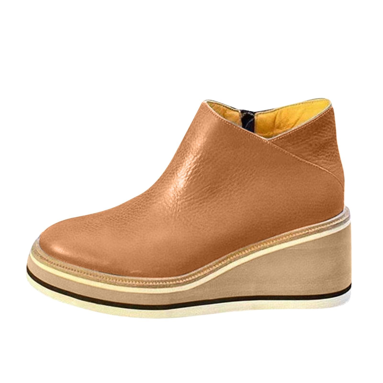 Womens Ankle Boots Casual Round Toe Leather Platform Wedge Booties Ladies Fashion Chunky Bottom High Heels Boots Winter