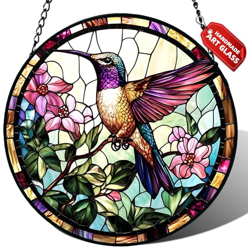 Stained Glass Window Hanging, Hummingbird Suncatcher for Door Home Decor, Birds Flowers Sun Catcher Ornament Mother's Day Birthday Gifts for Bird Lovers Women Men Mom 6.3 in