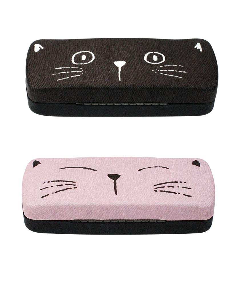 [2 PACK], JAVOedge Multi-Color Cute Cat Face Printed Hard Clamshell Eyeglass Storage Case with Microfiber Cloth, Pink, Black, 2 Pack