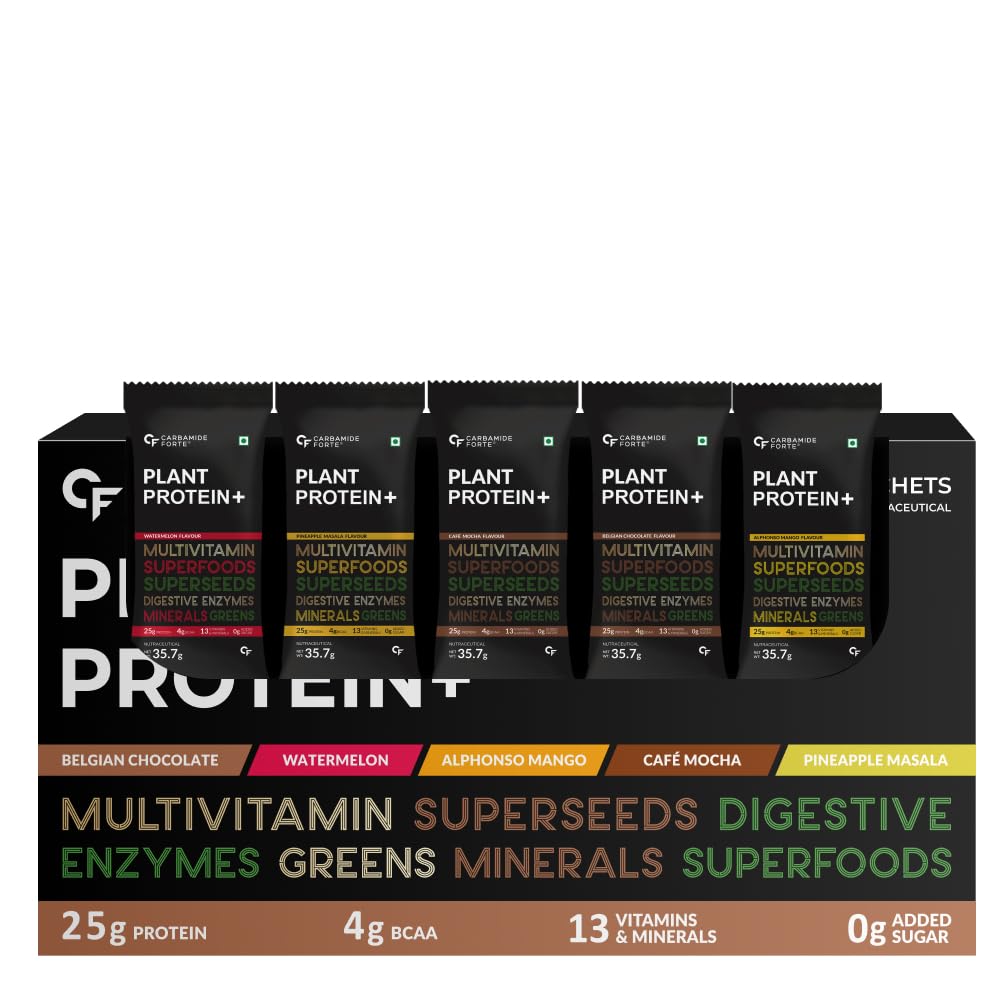 Carbamide Forte Plant Protein Powder - Plant Based Protein Powder with Multivitamin, Minerals, Superfoods, Pea Protein Powder, Digestive Enzymes | 5 Flavors Plant Protein Powder For Men - Pack Of 20 (B0D7M4M611) Amazon Price History, Amazon Price Tracker