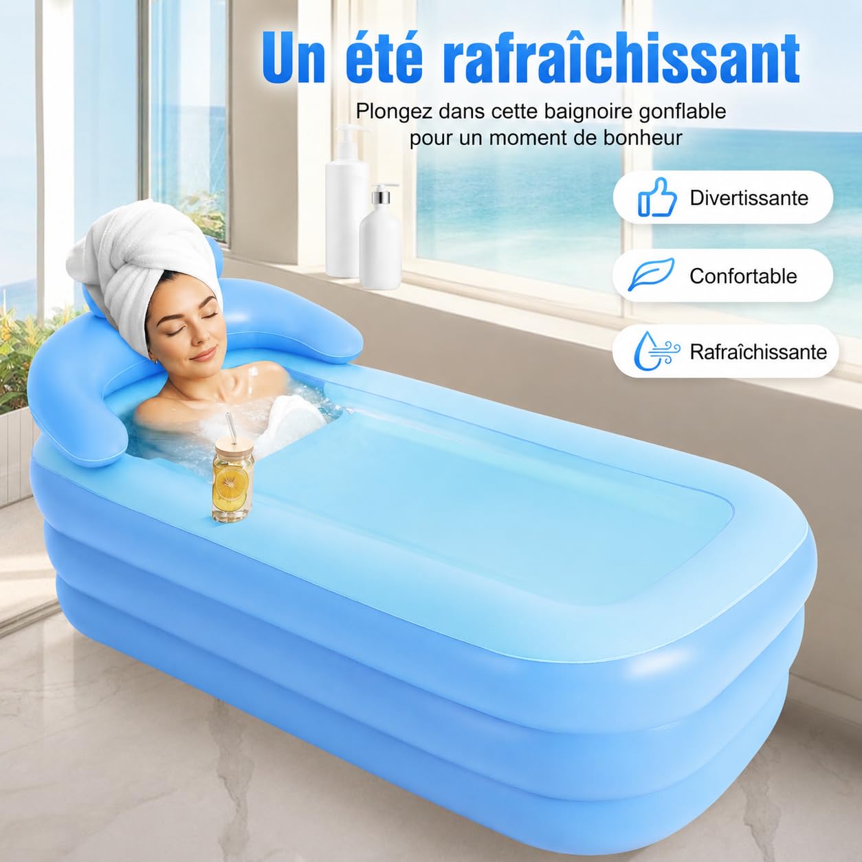 Baignoire gonflable pour adultes, baignoire mobile pliable avec fond confortable, baignoire pliante avec couvercle amovible et plateau, baignoire gonflable pour spa, bain de glace, camping, 160 × 84 ×