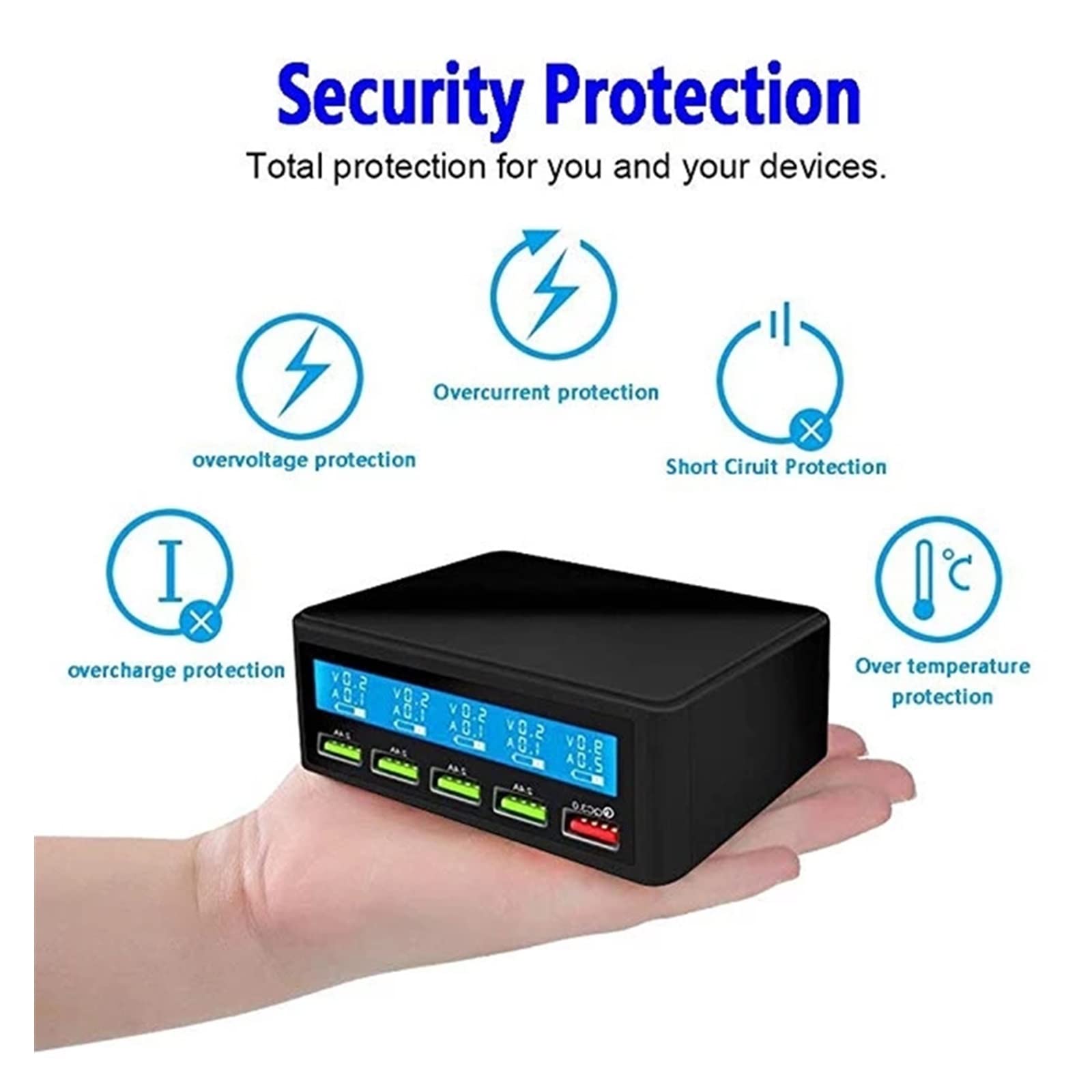 Stacja ładowania Multi, Wielokrotna ładowarka USB, 50W 5-portowa ładowarka biurkowa Stacja ładująca Wieloportowa podróżna szybka ładowarka ścienna Hub z wyświetlaczem LCD do smartfonów, tabletów i inn