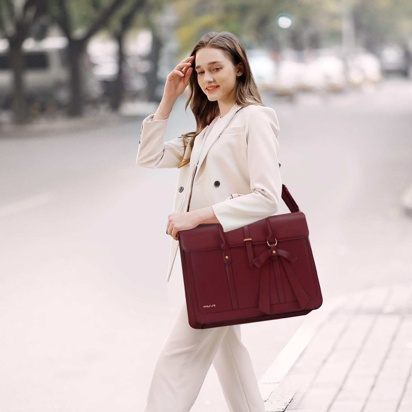 MOSISO Laptop Bag for Women, 15-15.6 inch PU Leather Laptop Shoulder Bags Convertible Backpack, 16 inch Messenger Bags Casual Handbag Work Briefcase Travel Computer Bag with Bowknot, Black: Wine Red 14 inch