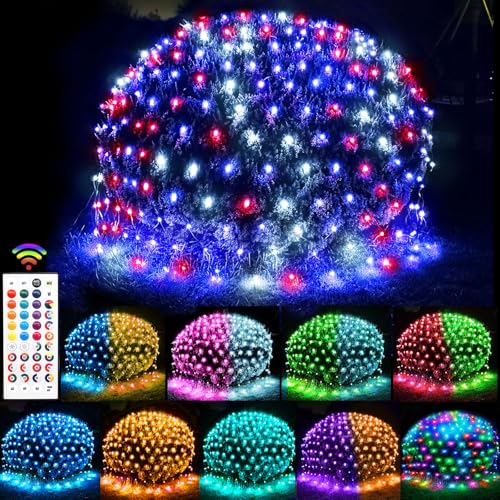 240 LED Net Lights, 35 Colors Changing 4th of July Net Lights Outdoor Clear Wire, 14.8ft x 5ft...
