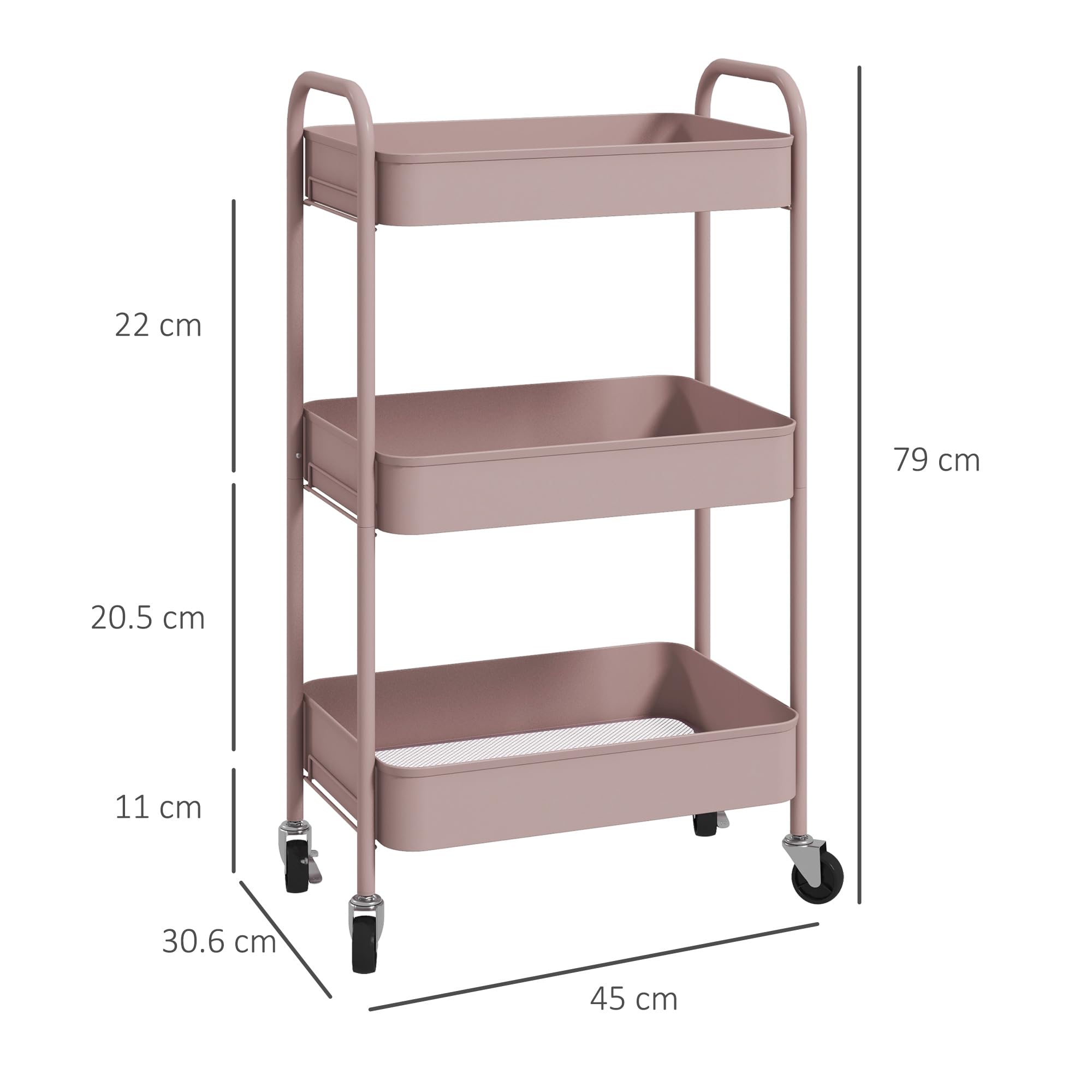 HOMCOM Carrello da Cucina a 3 Livelli con Maniglie e 4 Rotelle, Carrello Portaoggetti in Acciaio, per Ufficio, Soggiorno, Cucina, 45x30.6x79 cm, Rosa