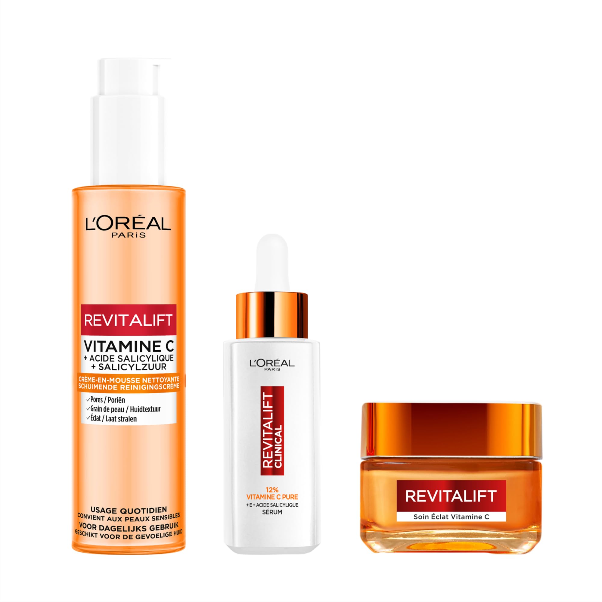 로레알 파리 - 루틴 에클라 - 비타민 C 클렌징 폼 크림 150ML + 세럼 12% 순수 비타민 C 30ML + 비타민 C 강화 데이 크림 50ML - 리바이탈리프트 클리니컬
