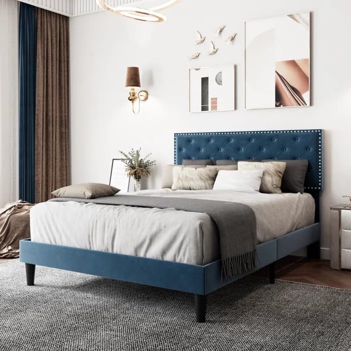 HITHOS Aleina Solid Wood Adjustable Velvet Headboard King Size Bed Without Storage| Wooden Double Bed Cot Furniture for Home Hotel Bedroom Living Room (Blue)-image-1