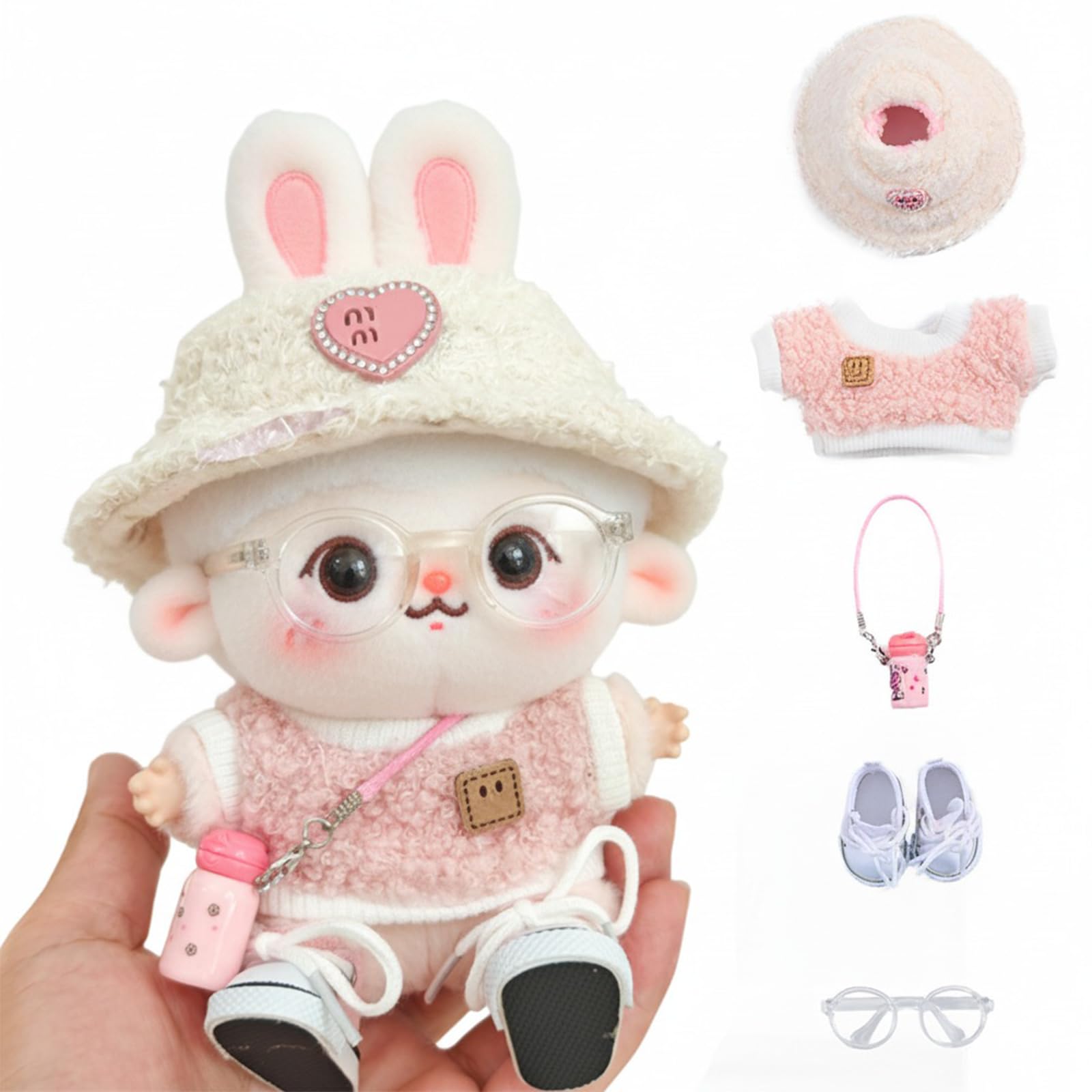 5 Set 17cm Doll Clothes -Clothes for Dolls Outfit - Accessories for 17cm Dolls Clothes +Light Pink Heart-Shaped Velvet hat + Small Camera + Glasses + Canvas Shoes, No Doll Included (Style A1)