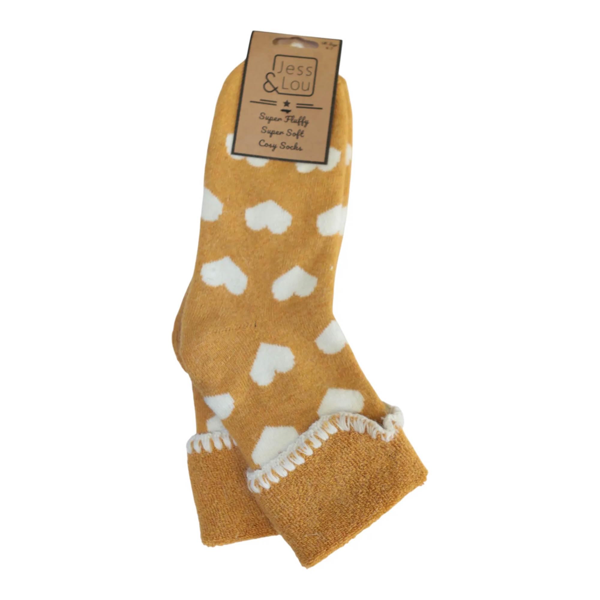 Jess & Lou Women's Yellow Socks - Cosy Cuffs Hearts - Gold & White